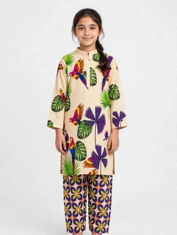Girls Beige Printed Stitched Co Ord Set With Long Sleeve Shirt And Matching Trouser