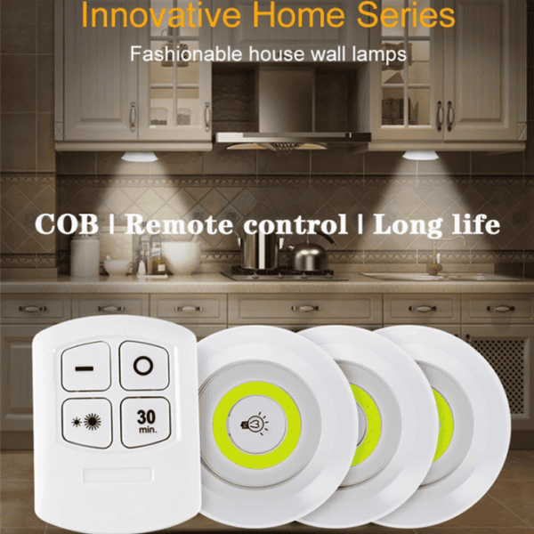 Pack of 3 LED Remote Control Lights – Tap Lights with Self Adhesive for Cabinet, Wardrobe & Kitchen