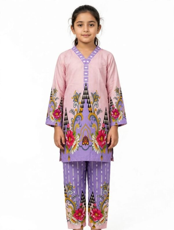 Girls Purple Printed Stitched Co Ord Set With Long Sleeve Shirt And Matching Trouser